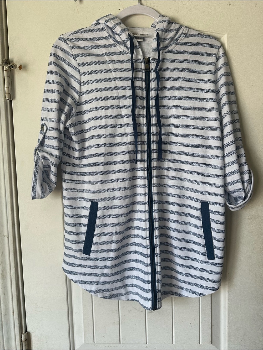 Wild Palm Stripe Full-Zip Hooded Tunic Jacket - Blue/White - Size Small